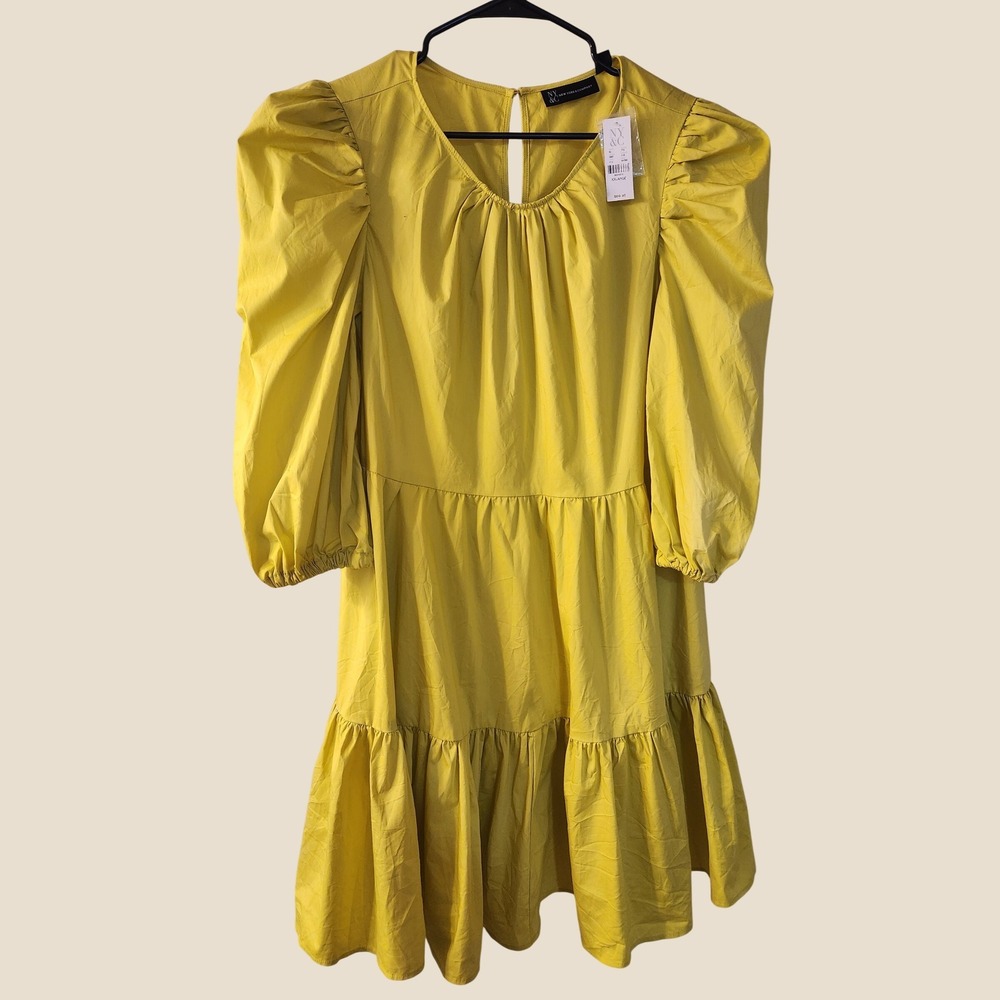 NWT NewYork&Co Puff Sleeve Tiered Dress Chartreuse/Apple Green XXL Feminine Boho